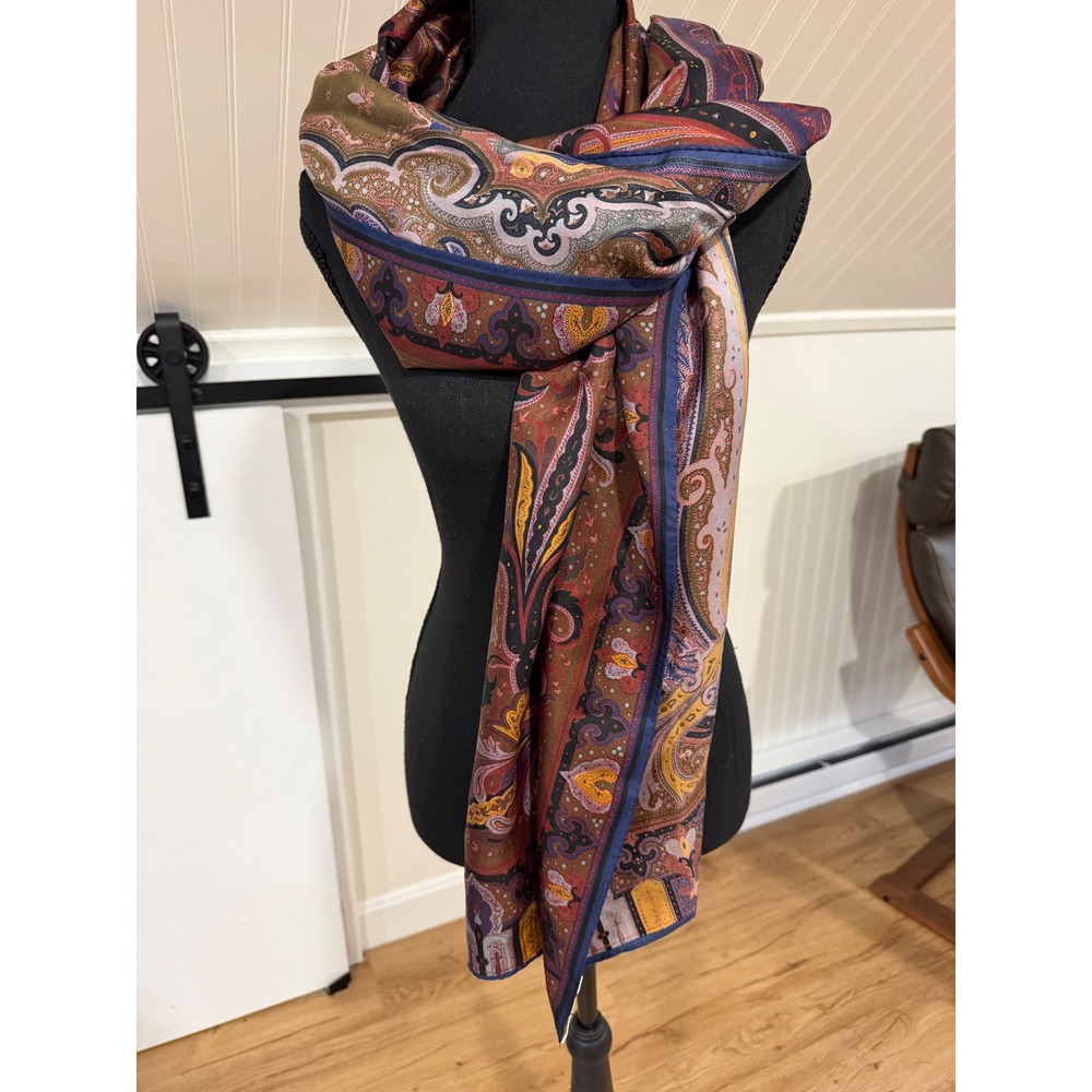 Perry Ellis Womens Silk Scarf Paisley Print Burgund Rectangular Brown Earth